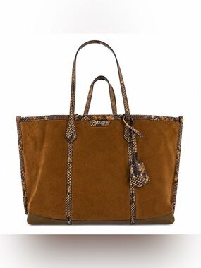 Tory Burch Perry Suede Snake Print Triple Compartment Tote Brown (CLEO)